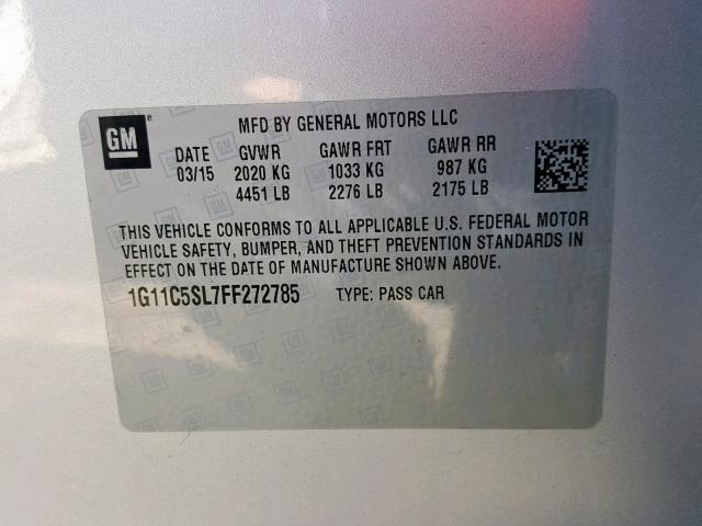 1G11C5SL7FF272785 - 2015 CHEVROLET MALIBU 1LT SILVER photo 10