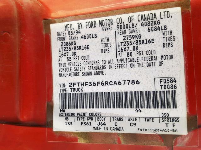 2FTHF36F6RCA67786 - 1994 FORD F350 RED photo 10