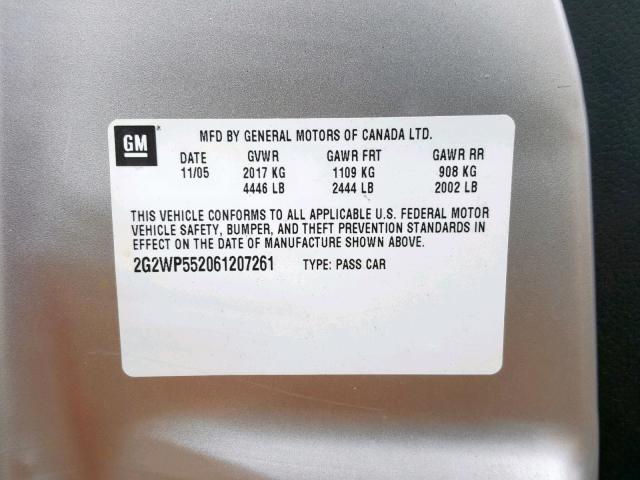 2G2WP552061207261 - 2006 PONTIAC GRAND PRIX 银色 照片 10