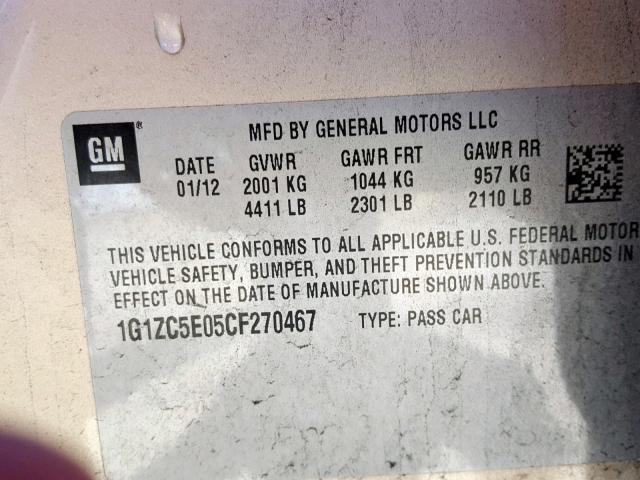1G1ZC5E05CF270467 - 2012 CHEVROLET MALIBU 1LT 金色 照片 10