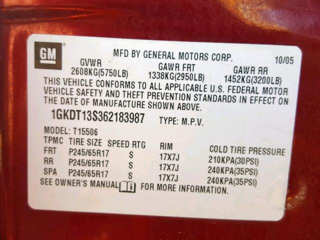 1GKDT13S362183987 - 2006 GMC ENVOY MAROON photo 10