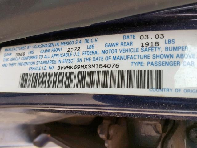 3VWRK69MX3M154076 - 2003 VOLKSWAGEN JETTA GL BLUE photo 10