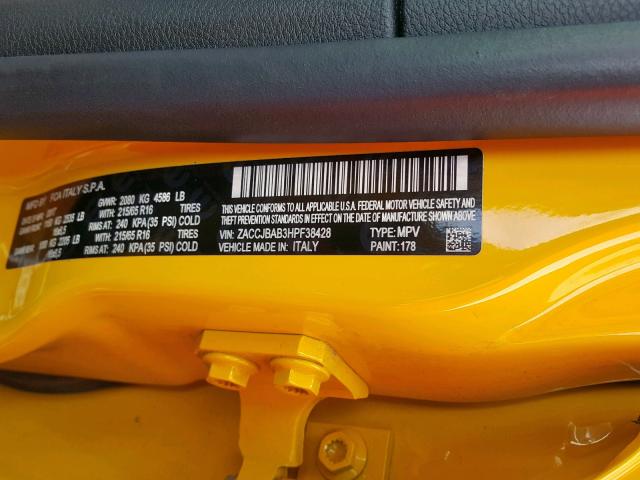 ZACCJBAB3HPF38428 - 2017 JEEP RENEGADE S YELLOW photo 10