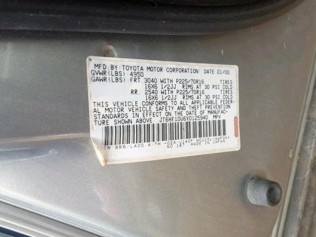 JT6HF10U6Y0125940 - 2000 LEXUS RX 300 GRAY photo 10