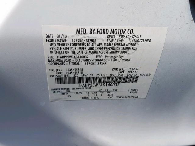 1FAHP2EW1AG140032 - 2010 FORD TAURUS SEL WHITE photo 10