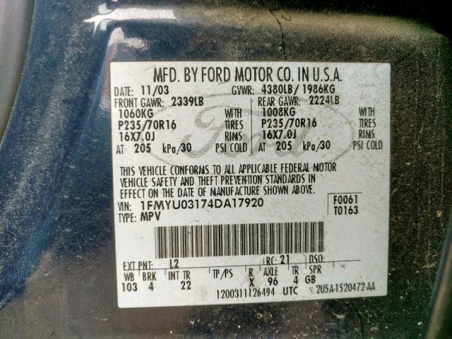 1FMYU03174DA17920 - 2004 FORD ESCAPE XLT BLUE photo 10