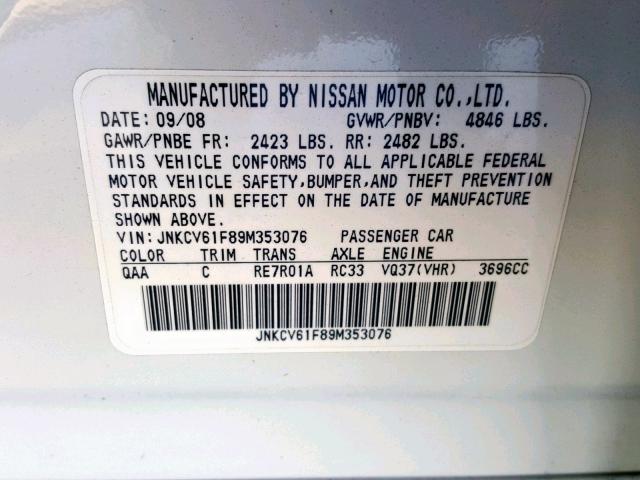 JNKCV61F89M353076 - 2009 INFINITI G37 WHITE photo 10