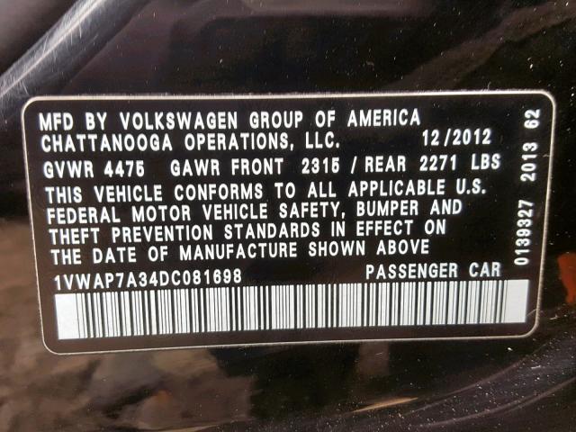 1VWAP7A34DC081698 - 2013 VOLKSWAGEN PASSAT S BLACK photo 10