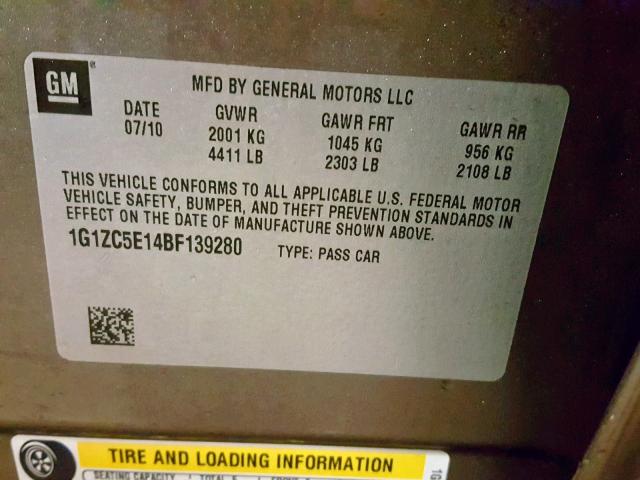 1G1ZC5E14BF139280 - 2011 CHEVROLET MALIBU 1LT BROWN photo 10