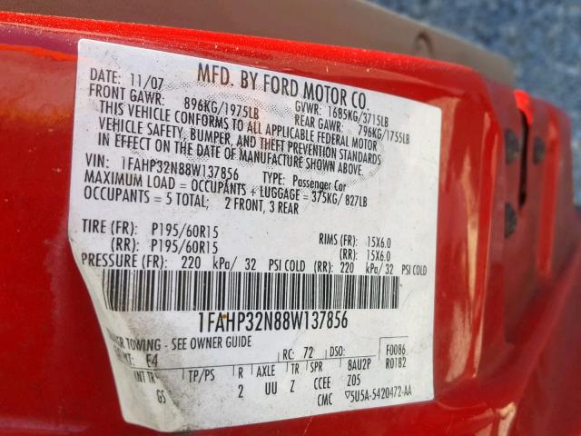 1FAHP32N88W137856 - 2008 FORD FOCUS S/SE RED photo 10