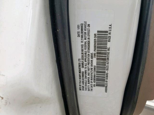 4S3BE686417209692 - 2001 SUBARU LEGACY OUT WHITE photo 10