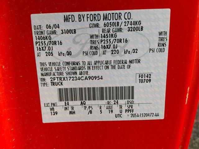 2FTRX17234CA90954 - 2004 FORD F-150 HERI RED photo 10