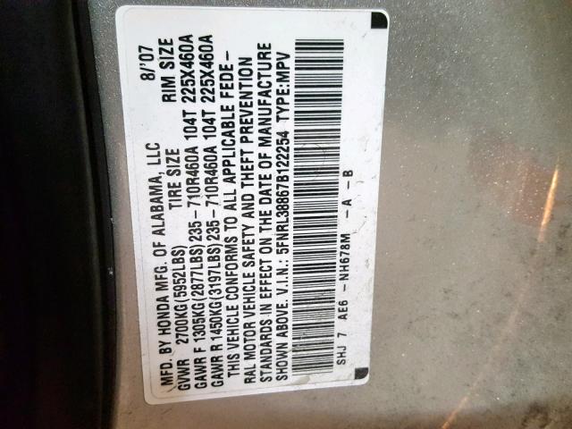 5FNRL38867B122254 - 2007 HONDA ODYSSEY TO SILVER photo 10