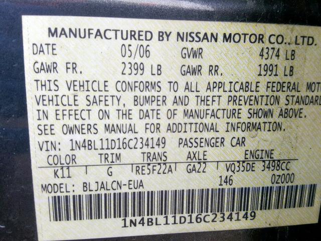 1N4BL11D16C234149 - 2006 NISSAN ALTIMA SE GRAY photo 10