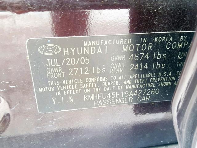 KMHFU45E15A427260 - 2005 HYUNDAI XG 350 PURPLE photo 10