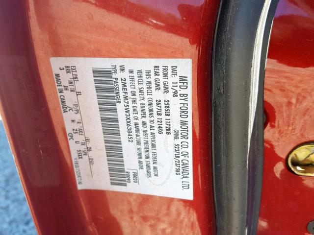 2MEFM75W3XX638452 - 1999 MERCURY GRAND MARQ RED photo 10