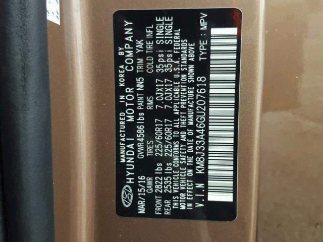 KM8J33A46GU207618 - 2016 HYUNDAI TUCSON LIM BROWN photo 10