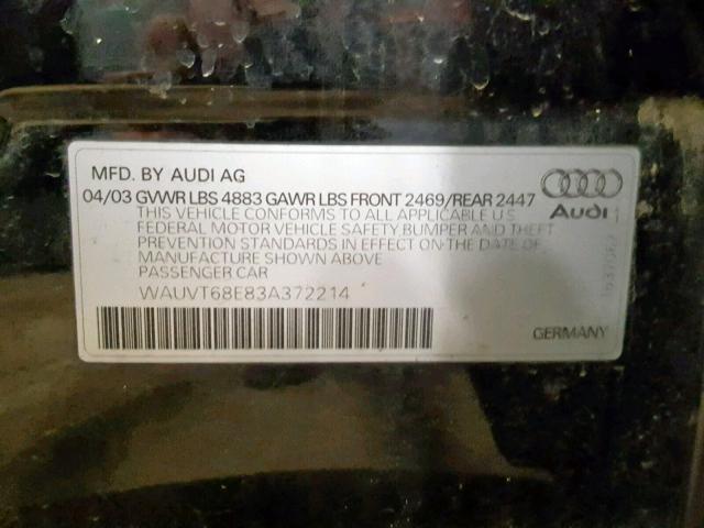 WAUVT68E83A372214 - 2003 AUDI A4 3.0 AVA BLACK photo 10