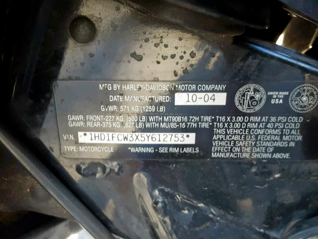 1HD1FCW3X5Y612753 - 2005 HARLEY-DAVIDSON FLHTCUI MAROON photo 10