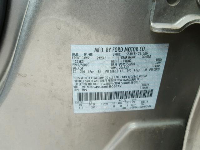 2FMDK49C68BB08872 - 2008 FORD EDGE LIMIT CHARCOAL photo 10