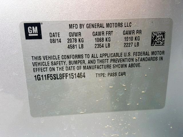 1G11F5SL8FF151464 - 2015 CHEVROLET MALIBU LTZ 银色 照片 10