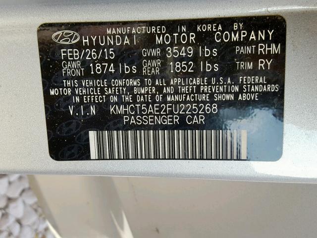 KMHCT5AE2FU225268 - 2015 HYUNDAI ACCENT GS SILVER photo 10