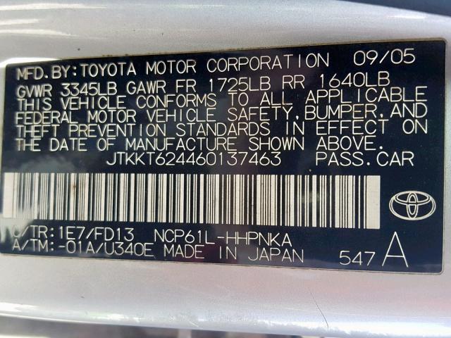 JTKKT624460137463 - 2006 TOYOTA SCION XA SILVER photo 10