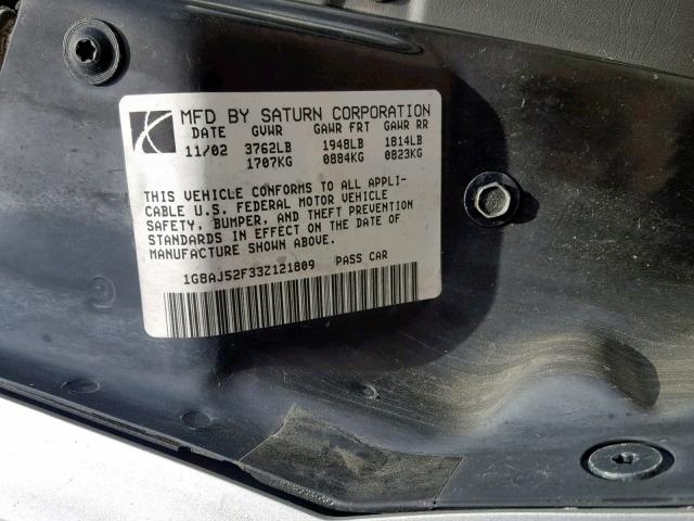 1G8AJ52F33Z121809 - 2003 SATURN ION LEVEL SILVER photo 10