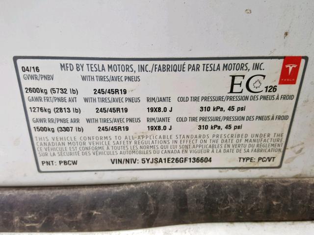 5YJSA1E26GF136604 - 2016 TESLA MODEL S أبيض صورة 10