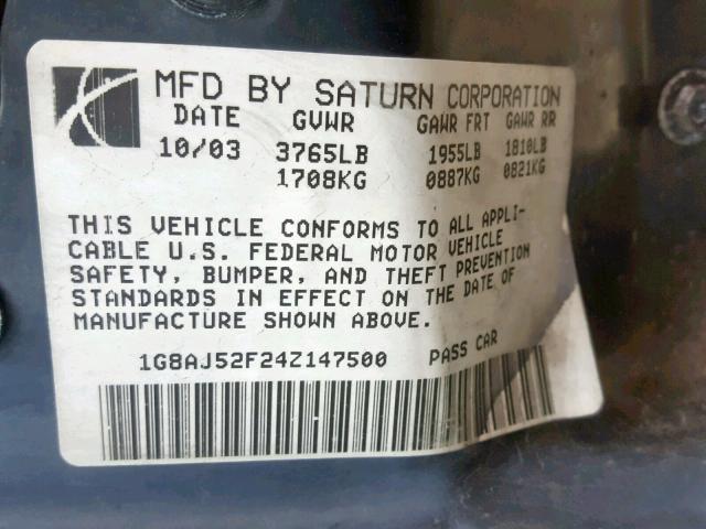 1G8AJ52F24Z147500 - 2004 SATURN ION LEVEL CHARCOAL photo 10