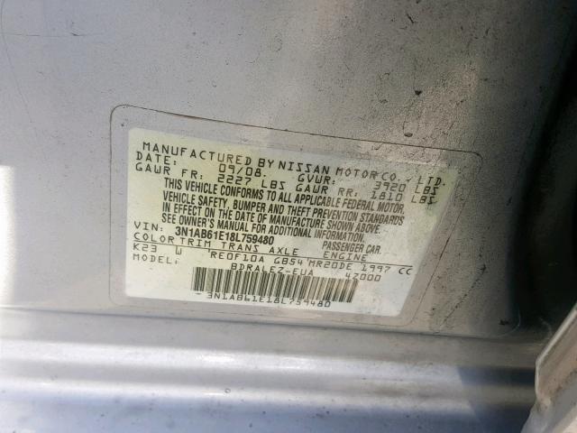 3N1AB61E18L759480 - 2008 NISSAN SENTRA 2.0 SILVER photo 10