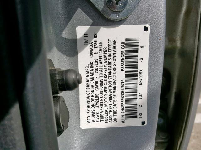 2HGFB2F92CH529716 - 2012 HONDA CIVIC EXL SILVER photo 10