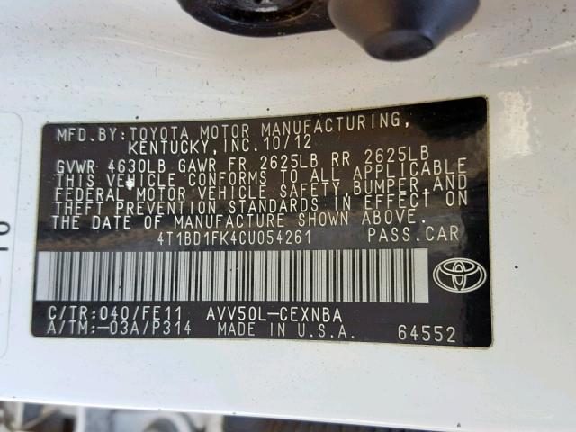 4T1BD1FK4CU054261 - 2012 TOYOTA CAMRY HYBR WHITE photo 10