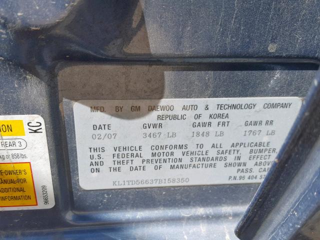 KL1TD56637B158350 - 2007 CHEVROLET AVEO BASE Көк фото 10