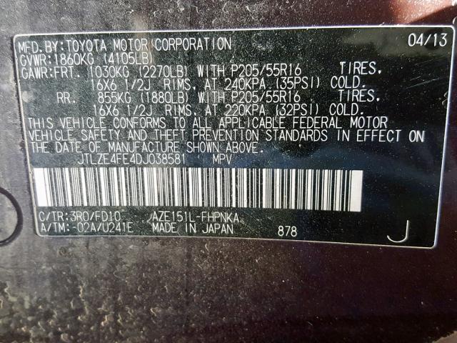 JTLZE4FE4DJ038581 - 2013 TOYOTA SCION XB 勃艮第红 照片 10