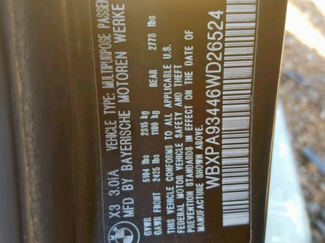 WBXPA93446WD26524 - 2006 BMW X3 3.0I GRAY photo 10