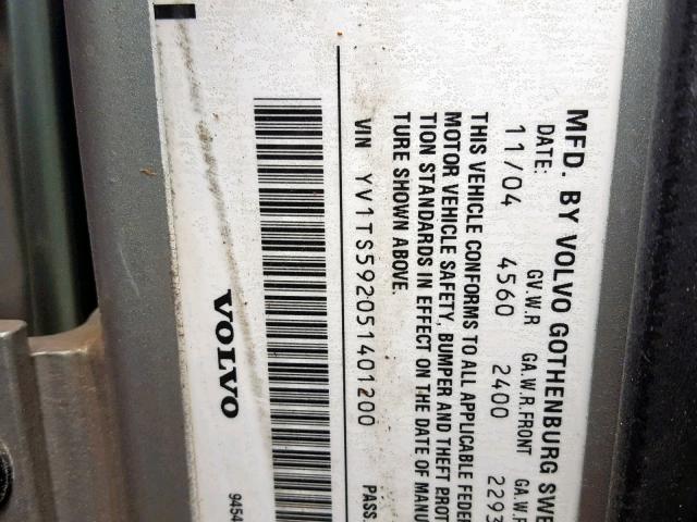 YV1TS592051401200 - 2005 VOLVO S80 2.5T GRAY photo 10