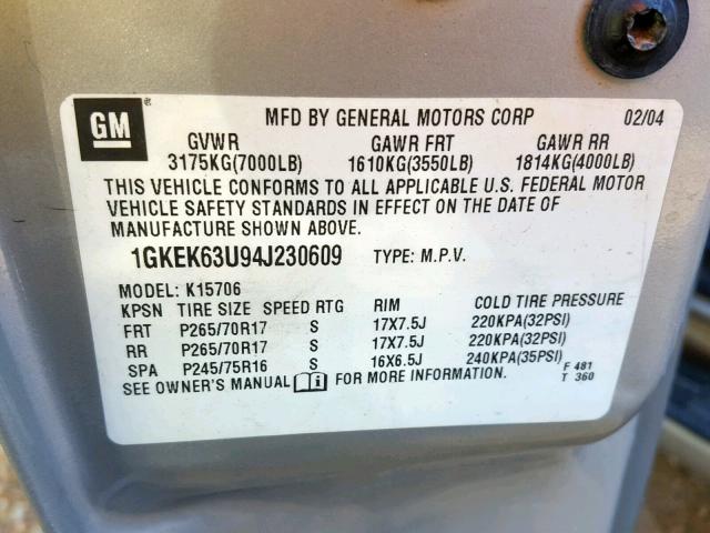 1GKEK63U94J230609 - 2004 GMC YUKON DENA CREAM photo 10