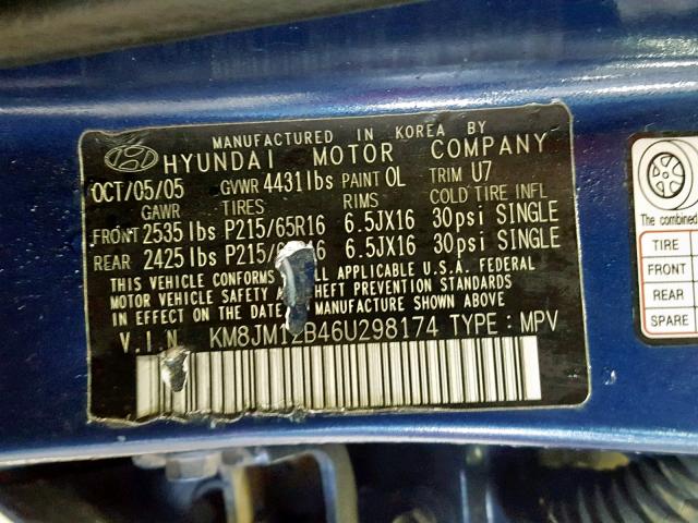 KM8JM12B46U298174 - 2006 HYUNDAI TUCSON GL BLUE photo 10