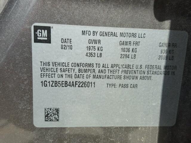 1G1ZB5EB4AF226011 - 2010 CHEVROLET MALIBU LS CHARCOAL photo 10