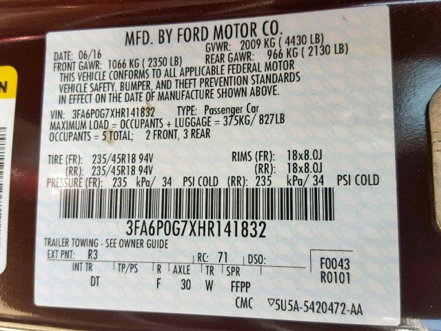 3FA6P0G7XHR141832 - 2017 FORD FUSION S MAROON photo 10