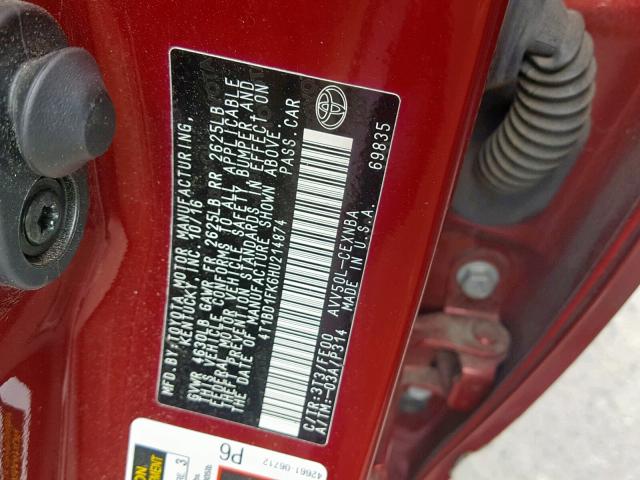 4T1BD1FK6HU214874 - 2017 TOYOTA CAMRY HYBR RED photo 10