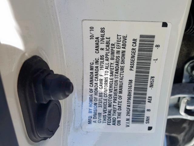 2HGFA1F96BH516768 - 2011 HONDA CIVIC EXL 白色 照片 10