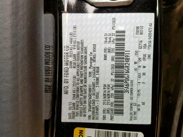 3FA6P0G76GR248911 - 2016 FORD FUSION S BLACK photo 10