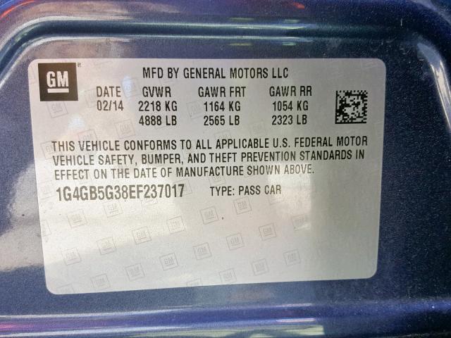 1G4GB5G38EF237017 - 2014 BUICK LACROSSE PURPLE photo 10