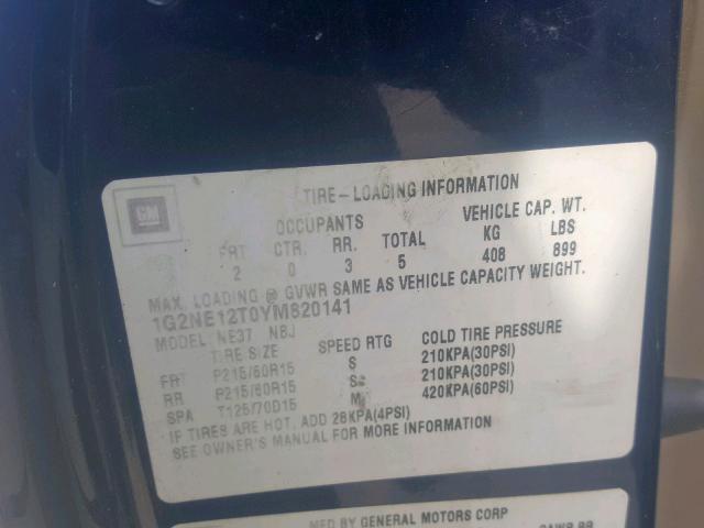 1G2NE12T0YM820141 - 2000 PONTIAC GRAND AM S BLUE photo 10