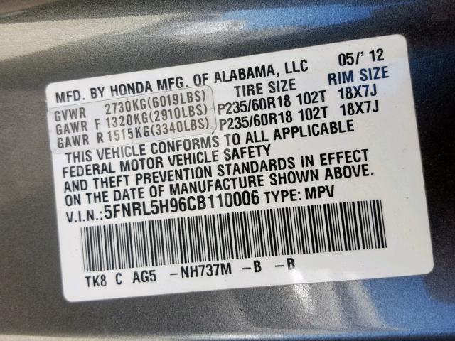 5FNRL5H96CB110006 - 2012 HONDA ODYSSEY TO GRAY photo 10