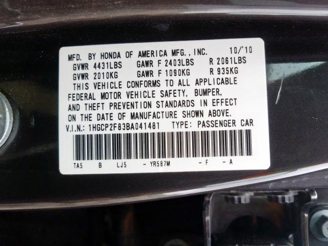 1HGCP2F83BA041481 - 2011 HONDA ACCORD EXL  photo 10