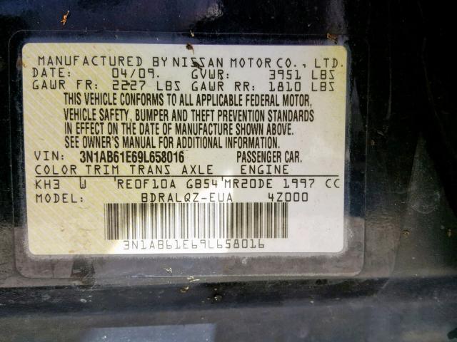 3N1AB61E69L658016 - 2009 NISSAN SENTRA 2.0 BLACK photo 10