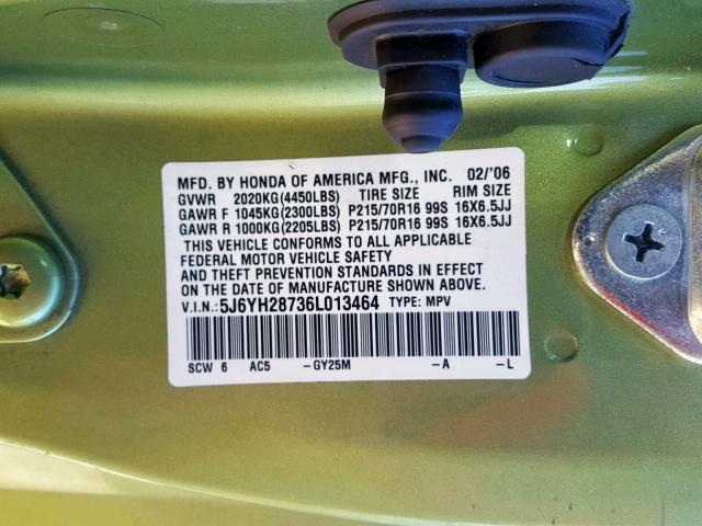 5J6YH28736L013464 - 2006 HONDA ELEMENT EX GREEN photo 10